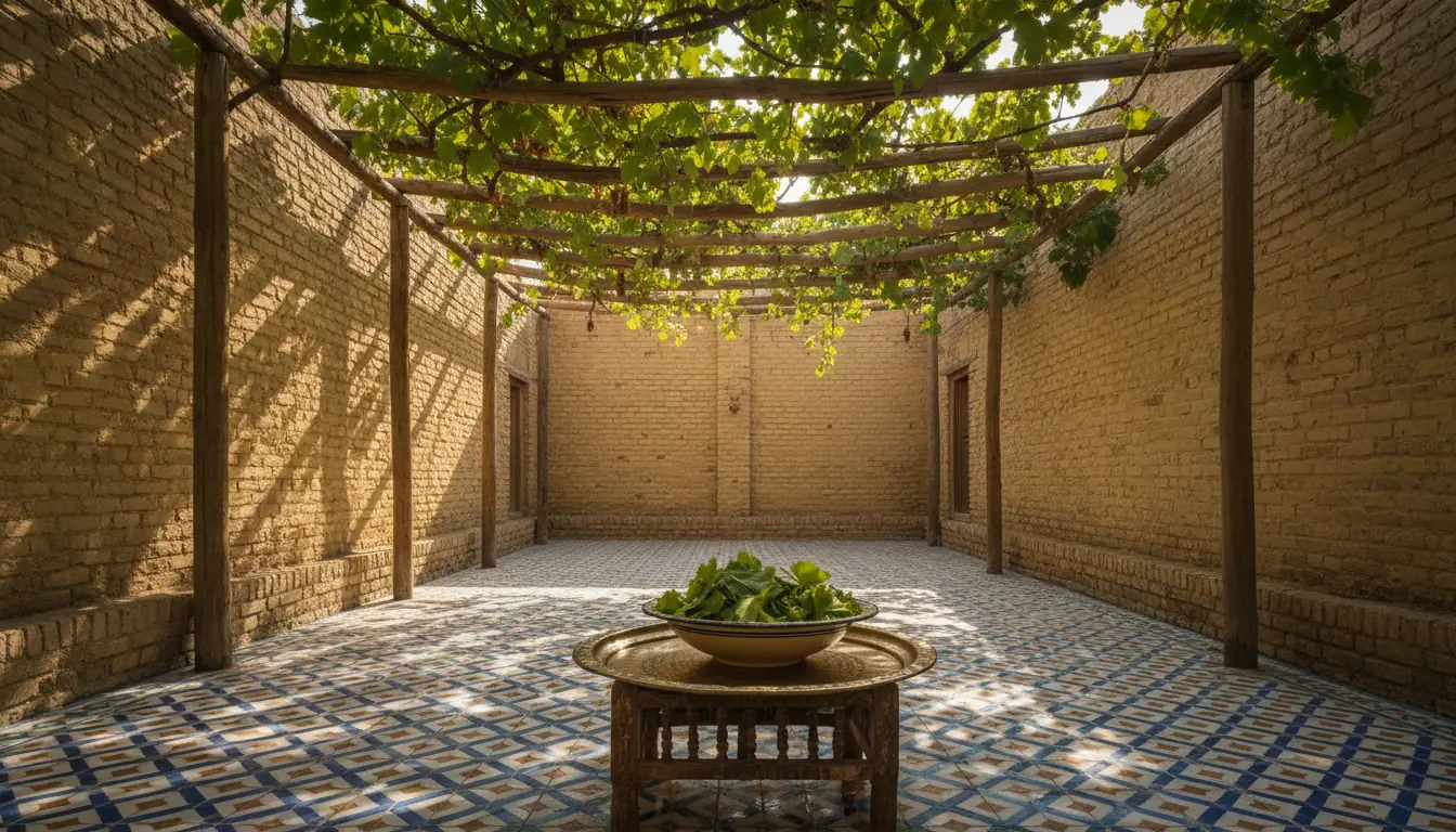 حوش بيت عراقي بحيطان طابوق وعريشة عنب، وبالظل صينية نحاس فوقها طاسة ورق عنب
